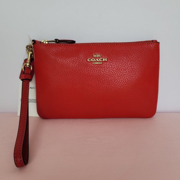 COACH Small Wristlet in Polished PebbleD Leather- Sport Red⭐ - Picture 6 of 16